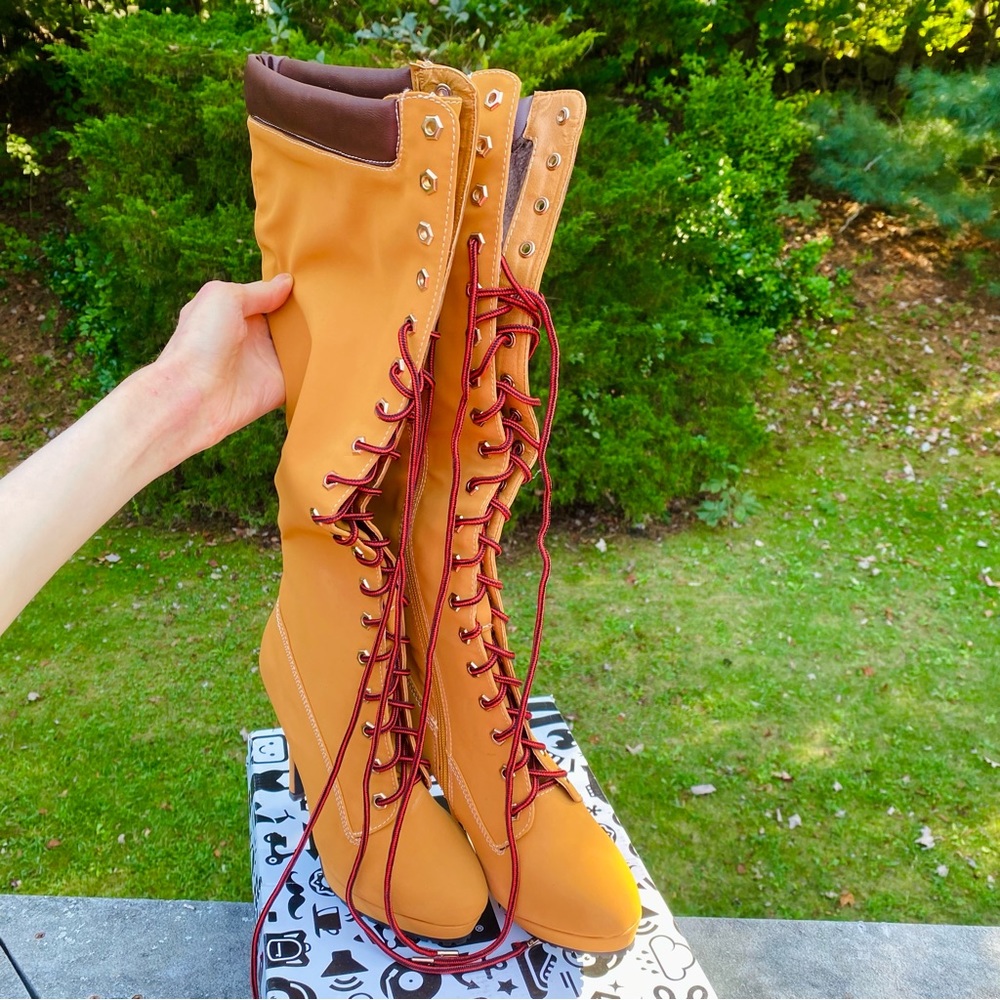 NEW Bamboo Lace Up Over the Knee Boots 8.5 Brown Tan Heels cruelty free nwt